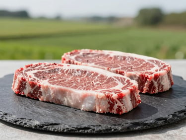 Raw fresh beef steaks styled minimally on a dark slate block, bright natural daylight, clean and hygienic presentation, shallow depth of field.