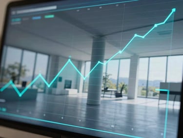 Close-up of a data visualization interface on a smart glass panel, displaying complex real-time metrics with cyan lines, architectural interior, sharp focus.