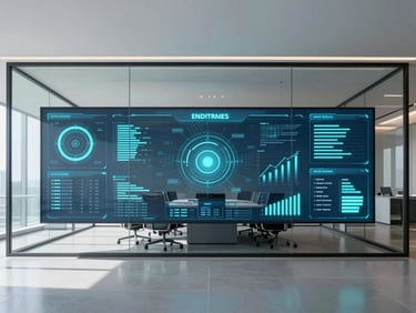 Wide shot of a modern corporate boardroom, a large architectural smart glass partition wall displaying interactive data visualizations, cool crisp daylight, cyan emissive light from screen.