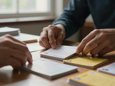 A close-up of hands organizing colorful planning cards on a table, with soft morning light filtering through a nearby window.