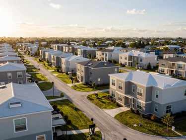 A wide environmental shot of a Tampa community housing development with warm afternoon sun, showcasing clean architecture and green spaces.