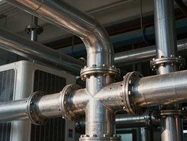 Close-up of industrial HVAC installations and complex metal piping, sharp side-lighting, technical precision.