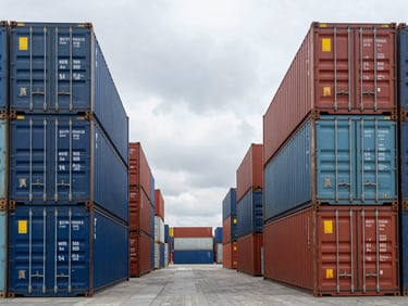 Symmetric wide shot of raw logistics infrastructure, stacked shipping containers under overcast daylight, industrial scale.