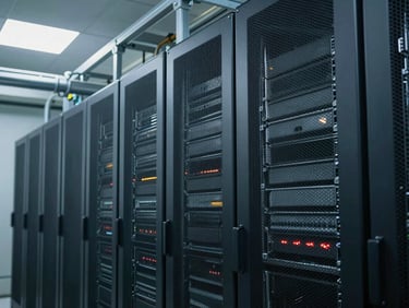 Close-up of industrial HVAC installations and high-density server racks inside an enterprise data center, sharp metallic textures, cold overcast daylight.