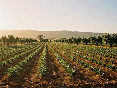Wide panoramic shot of a sun-baked Southern California valley farm with neat rows of crops, olive trees in the background, golden haze, 35mm film.