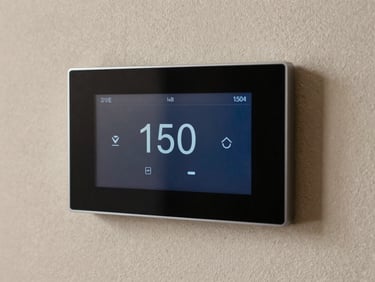 Clean smart-home touch panel mounted flush on a textured wall, crisp interior lighting, high detail, 35mm.