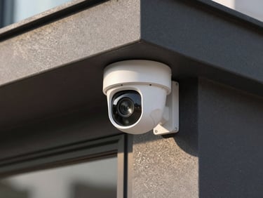 Close-up of a discreet security camera integrated into a modern home exterior, natural light streaming, high detail, 35mm.