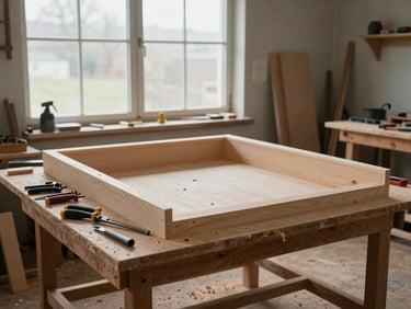 Wide environmental shot of a small woodworking workshop mid-project, a partially assembled cabinet carcass on the bench, hand tools laid in order to one side, natural overcast daylight entering from a high north-facing window, no people, wood shavings on the floor, honest and uncluttered
