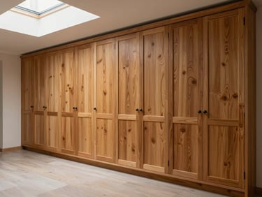 Wide environmental shot of a floor-to-ceiling built-in cabinetry wall with solid oak doors installed in a residential hallway, natural daylight from a skylight above, grain-matched door panels clearly visible, no props