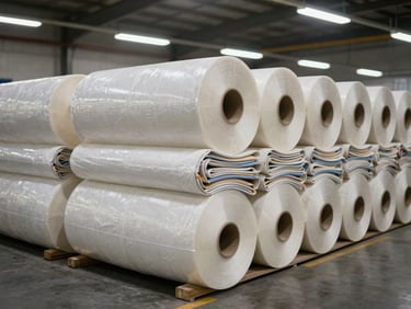 Rolls of stretch film tightly wound around folded textile bales on a warehouse floor, high-bay fluorescent lighting, neat rows extending into background