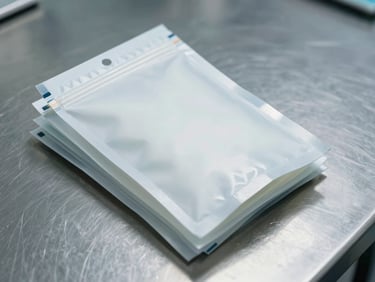Overhead view of sterile medical device packaging pouches stacked flat on a clean stainless surface, studio strobe lighting, peel-seal edge detail visible