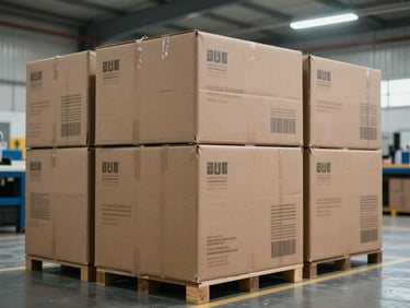 Medium shot of printed duplex cartons stacked in a production facility, high-bay lighting, legible print visible on box faces, clean organized arrangement on a factory floor