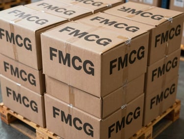 Overhead view of uniformly stacked FMCG corrugated cartons on a pallet under bright warehouse lighting, bold print registration visible on box faces