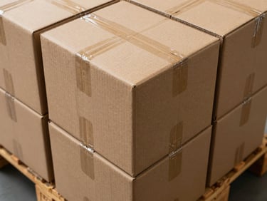 Overhead view of a stack of corrugated cardboard boxes on a warehouse pallet, high-bay factory lighting, sharp focus on the box edges and ply layers visible at the corners, organized and tightly stacked
