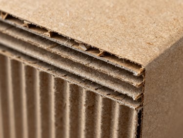 Extreme close-up of corrugated board cross-section showing fluted internal structure and kraft liner surface, bright studio strobe lighting, sharp material texture detail, no text