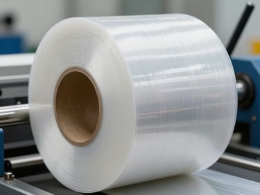 Close-up of industrial stretch film roll being unwound on a production line, bright studio lighting, sharp detail on the transparent film layers and core, neutral background