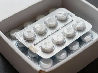 Close-up of sealed pharmaceutical blister packs inside a white corrugated shipper box, studio strobe lighting showing clean surface and tamper-evident tape edge
