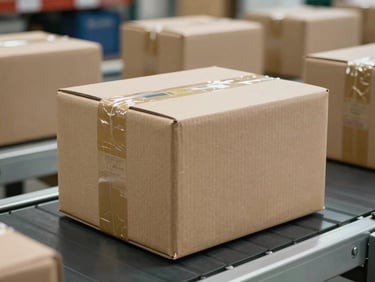 Medium shot of corrugated e-commerce dispatch boxes sealed with BOPP tape on a conveyor belt, bright warehouse lighting, label printing visible on box surface