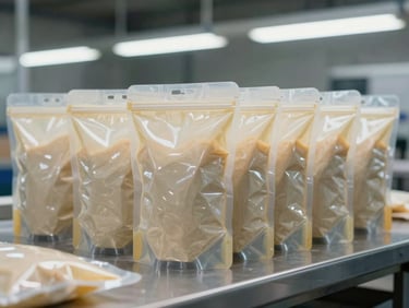 Medium shot of food-grade flexible pouches arranged in rows on a production table, bright overhead factory lighting, material surface showing barrier film texture