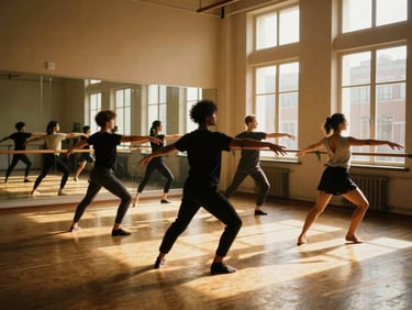 Sunlit dance studio with a group of dancers rehearsing in unison, mirrors reflecting motion, warm golden light streaming through tall windows.