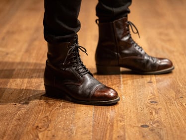 Close-up shot of leather folkloric dance boots stamping on a polished wooden floor, warm natural light, slight motion blur, rich warm tones.