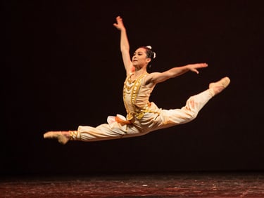 A dancer in mid-air during a high-energy leap, wearing a gold-accented traditional costume, dramatic stage lighting, dark background, dynamic action.