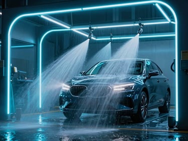 Wide-angle shot of a clean car inside an automated wash bay, bright cyan neon arches illuminating high-pressure water jets spraying a dark vehicle