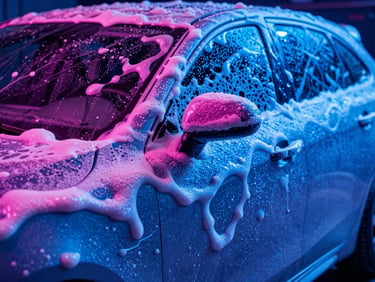 Close-up of thick, vibrant pink and blue active foam blanketed over a vehicle body, high-contrast neon lighting, sharp focus on foam texture