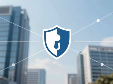 Abstract representation of digital security with network lines and a shield icon over a clean corporate background, cool blue and white tones, sharp focus, professional enterprise environments