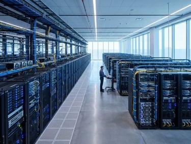 Visão panorâmica de um data center moderno com servidores e racks bem organizados, luzes azuis e brancas, foco nítido, ambiente corporativo, tecnologia de ponta.