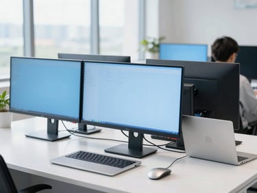Modern office workstation with multiple monitors, a sleek laptop, and ergonomic accessories, bright natural daylight, cool blue and white tones, sharp focus, professional enterprise environments