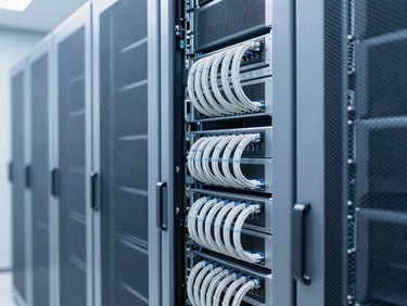 Server racks with neatly organized cables in a modern data center, cool blue and white tones, sharp focus, professional enterprise environments