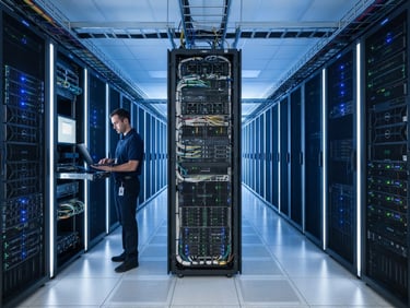 Modern enterprise IT environment with neatly organized server racks, cool blue lighting, clean corporate photography, sharp focus