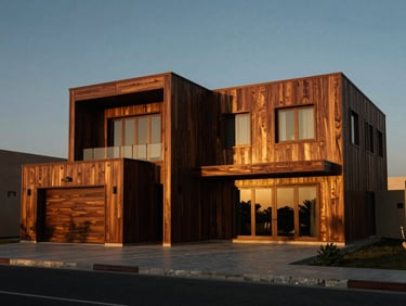 Dramatic architectural wide shot of a majestic custom wooden estate in the UAE at twilight, warm golden sidelight highlighting rich walnut timber grains, medium format film style