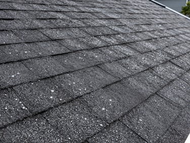 Close-up of hail impact marks on dark asphalt shingles, crisp focus, true-to-life colors