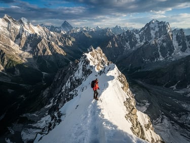 Extreme wide environmental shot of a climber standing on a razor-sharp snowy ridge of a Karakoram peak, harsh alpine sunlight casting long shadows, deep green and slate tones
