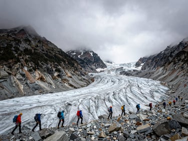 Rugged outdoor photography of a team of mountaineers traversing a massive glacier under moody overcast mountain weather, 24mm wide-angle.