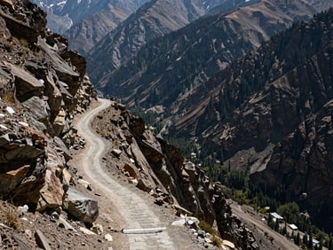 Extreme wide environmental shot of a technical trekking path winding along a steep cliffside in Hunza Valley, harsh high-contrast alpine sunlight, deep valley below.