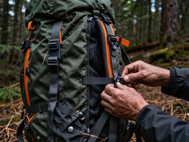 A close-up of weathered hands adjusting technical straps on a heavy backpack, forest green and safety orange gear, pine needles on the ground.