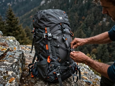 Close-up of weathered hands packing a technical mountaineering backpack on a rugged stone ledge, safety orange gear accents visible