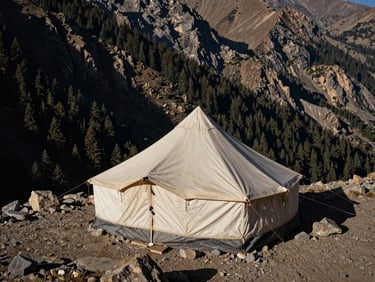 Archival rugged outdoor photography of a vintage canvas tent pitched on a rocky ridge-line in Naran Kaghan, harsh alpine sunlight, 24mm wide-angle.