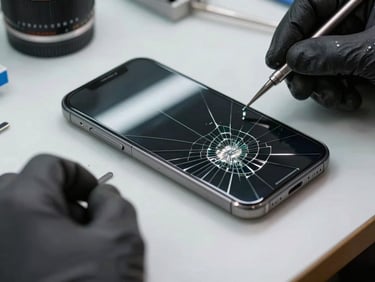 Close-up overhead view of cracked smartphone screen on a repair workbench, glass fragments visible under workshop daylight, technician's gloved hand nearby