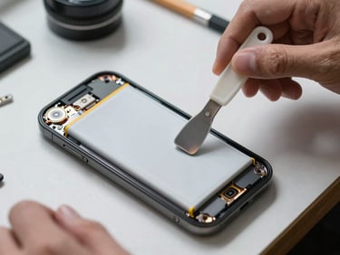 Overhead close-up of a smartphone battery being carefully removed with a plastic spudger on a bright workshop workbench, practical daylight illuminating the phone internals