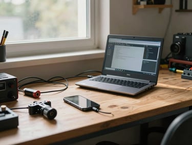 Wide shot of a workbench with a phone connected to a diagnostic laptop, cables and tools arranged around it, workshop window light falling across the scene