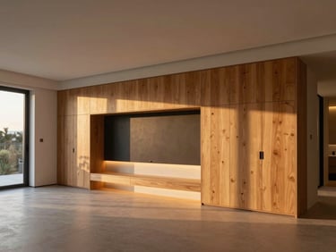 Wide-angle architectural shot of a modern living room at dusk, custom oak cabinetry with integrated warm lighting, clean minimalist interior, soft golden-hour light, 35mm lens