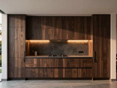 Straight-on medium shot of custom-milled dark oak kitchen cabinetry, integrated warm accent lighting, minimalist premium design, 35mm lens.