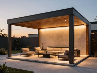 Modern luxury patio gazebo at dusk, integrated warm exterior lighting casting a soft glow on clean stone pavers, minimalist outdoor furniture, 35mm lens.