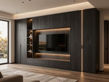 A high-fidelity architectural rendering of a modern living room with custom dark charcoal cabinetry, integrated soft bronze LED lighting, realistic textures, 35mm lens.