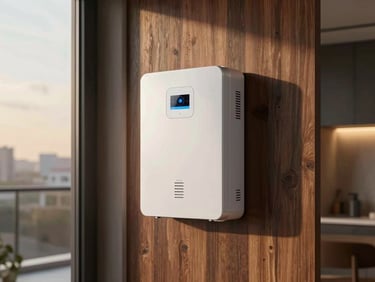 Sleek architectural utility room showing a clean wall-mounted home power backup system and structured smart home control panels, rich wood and charcoal tones, 35mm lens.