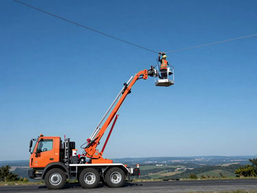 Wide environmental shot of a JBI Technologies bucket truck with a technician working on an aerial cable installation in bright daylight, Mid-Atlantic landscape, deep blues and safety orange.
